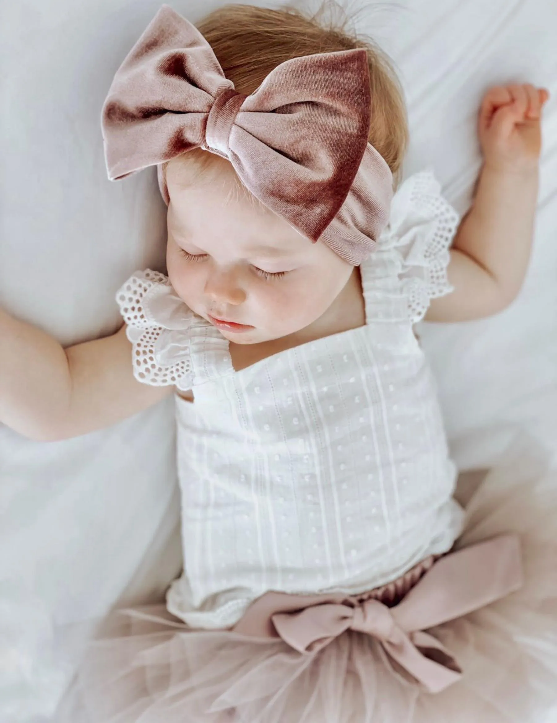 Oversized Bow Velour Baby Headband - Rose Powder