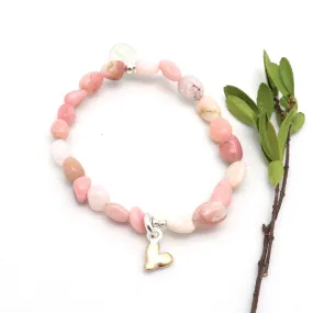 Petite Bronze Heart Pink Opal Nugget Stretch Bracelet