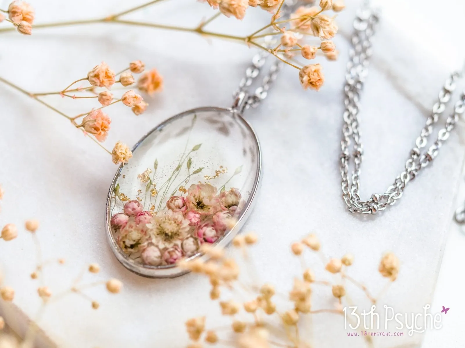 Real pink Ozothamnus flowers necklace