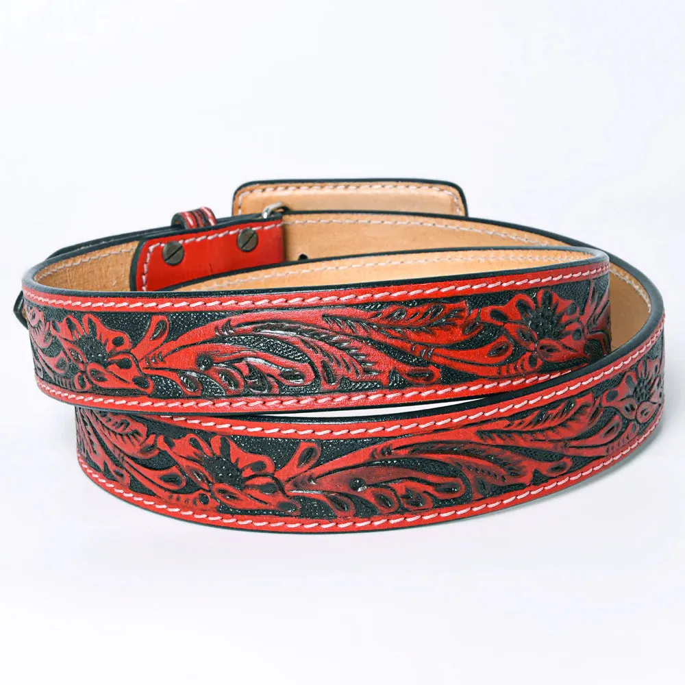 Red & Black Tooled Western Leather Belt- Belts for Cowgirls