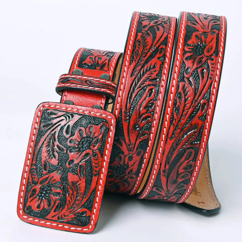 Red & Black Tooled Western Leather Belt- Belts for Cowgirls