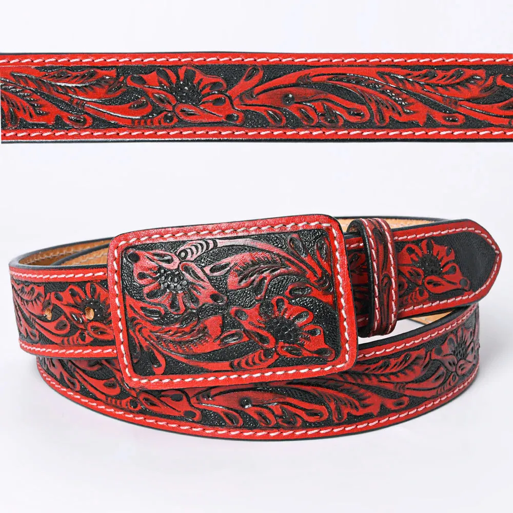 Red & Black Tooled Western Leather Belt- Belts for Cowgirls