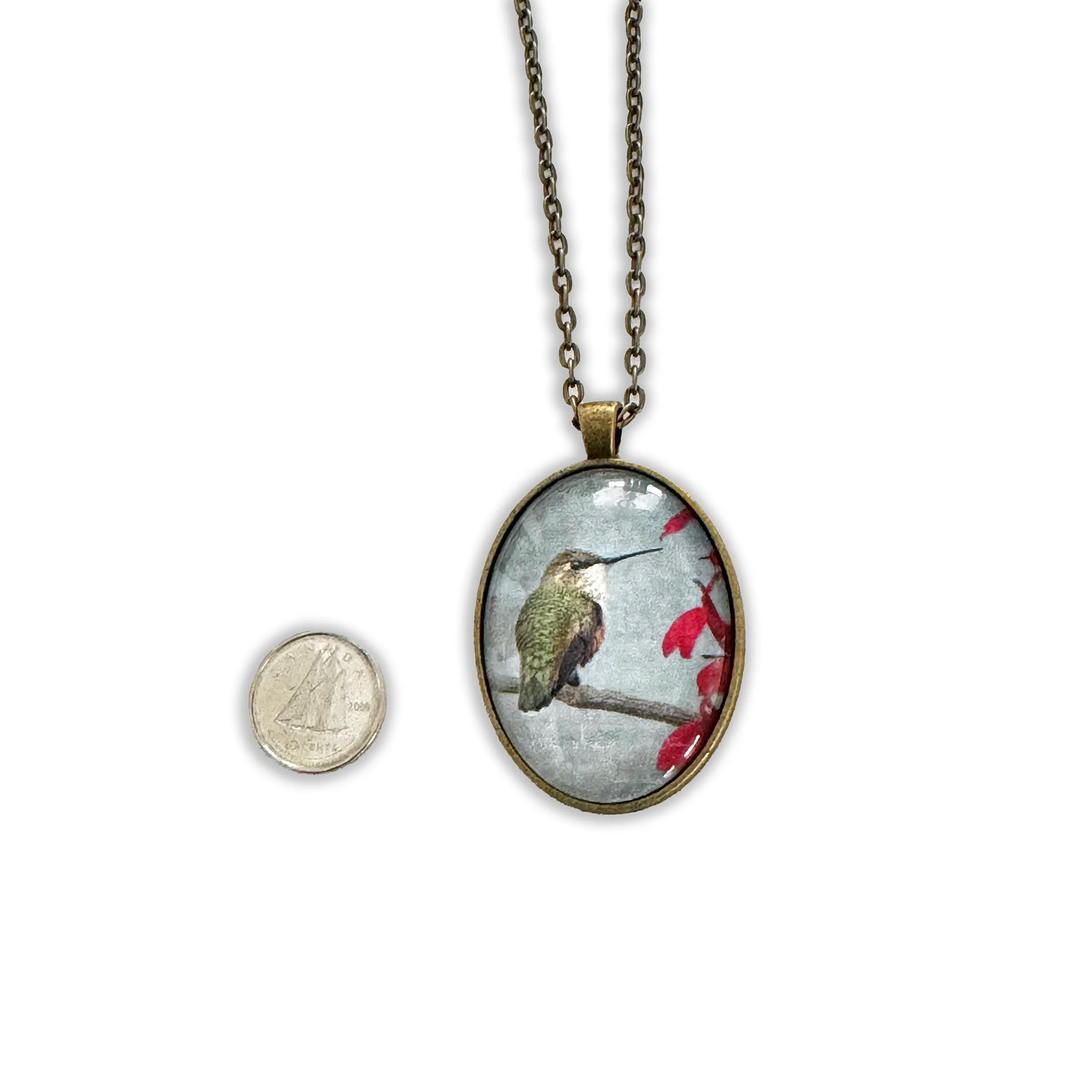 RUFOUS HUMMINGBIRD WITH RED FLOWER - Large Glass Pendant