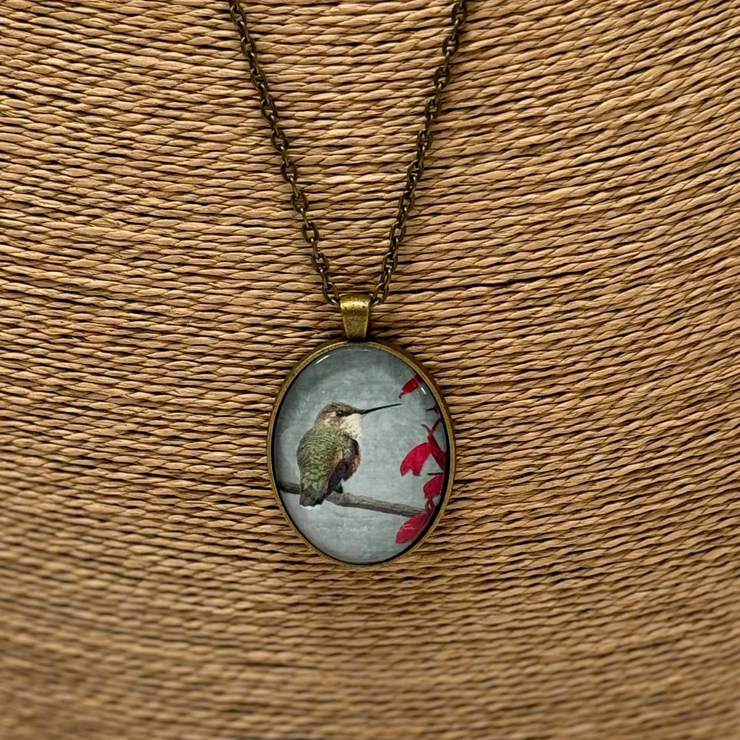 RUFOUS HUMMINGBIRD WITH RED FLOWER - Large Glass Pendant