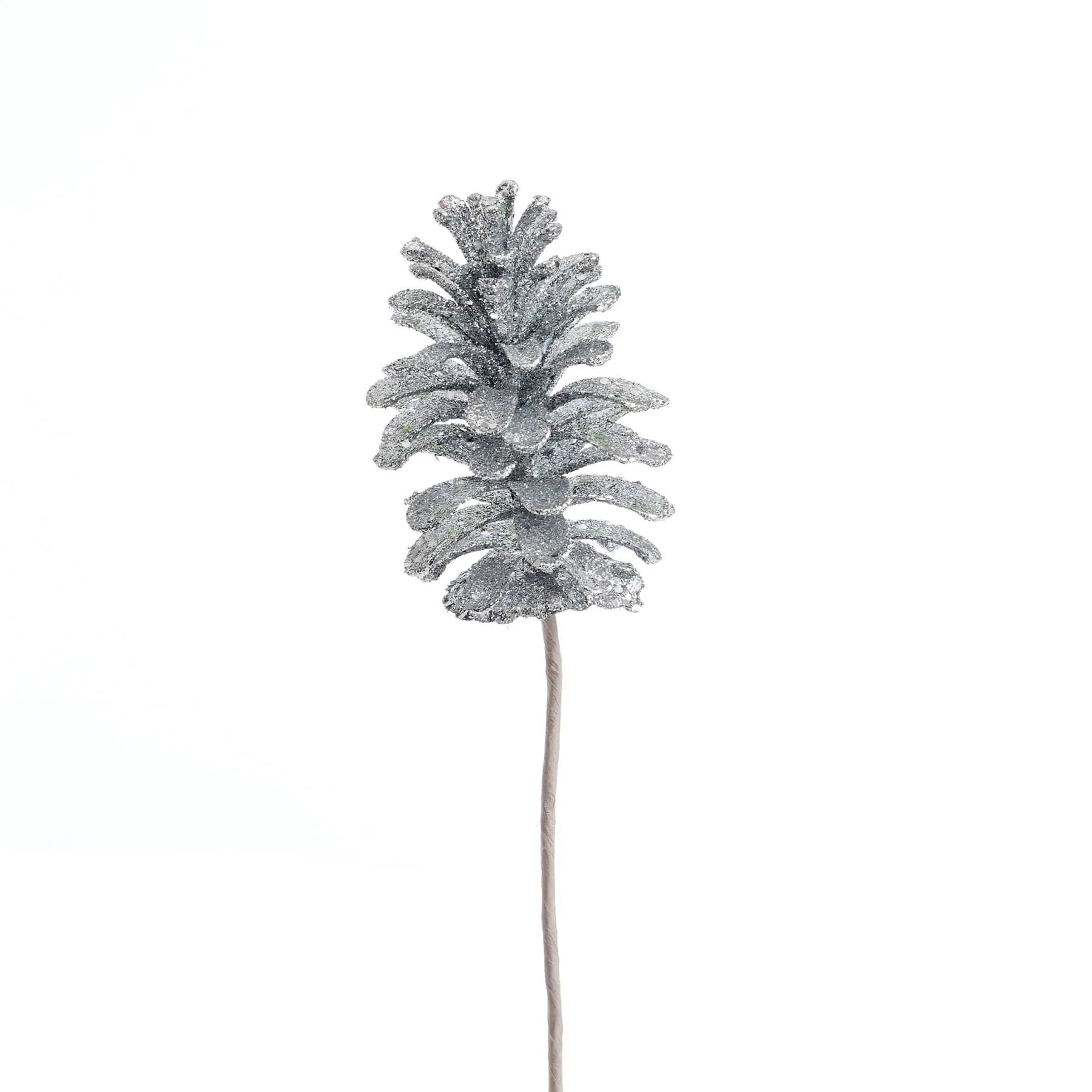 Sparkling Silver Glitter Pine Cone Stem - 35cm Decorative Accent