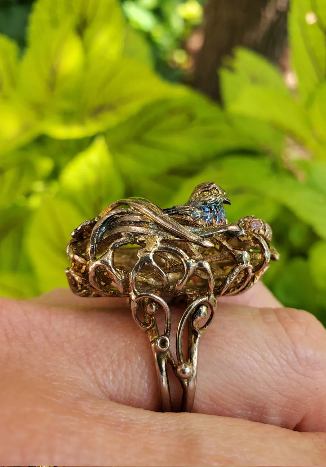 Vernissage Burnished Silver Pink Sapphire Egg Happy Bird Nest Ring