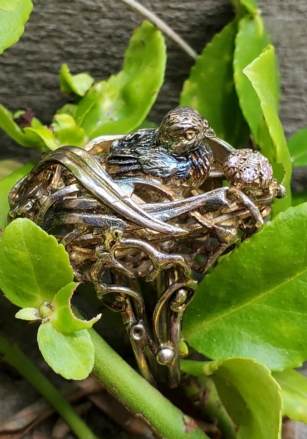 Vernissage Burnished Silver Pink Sapphire Egg Happy Bird Nest Ring