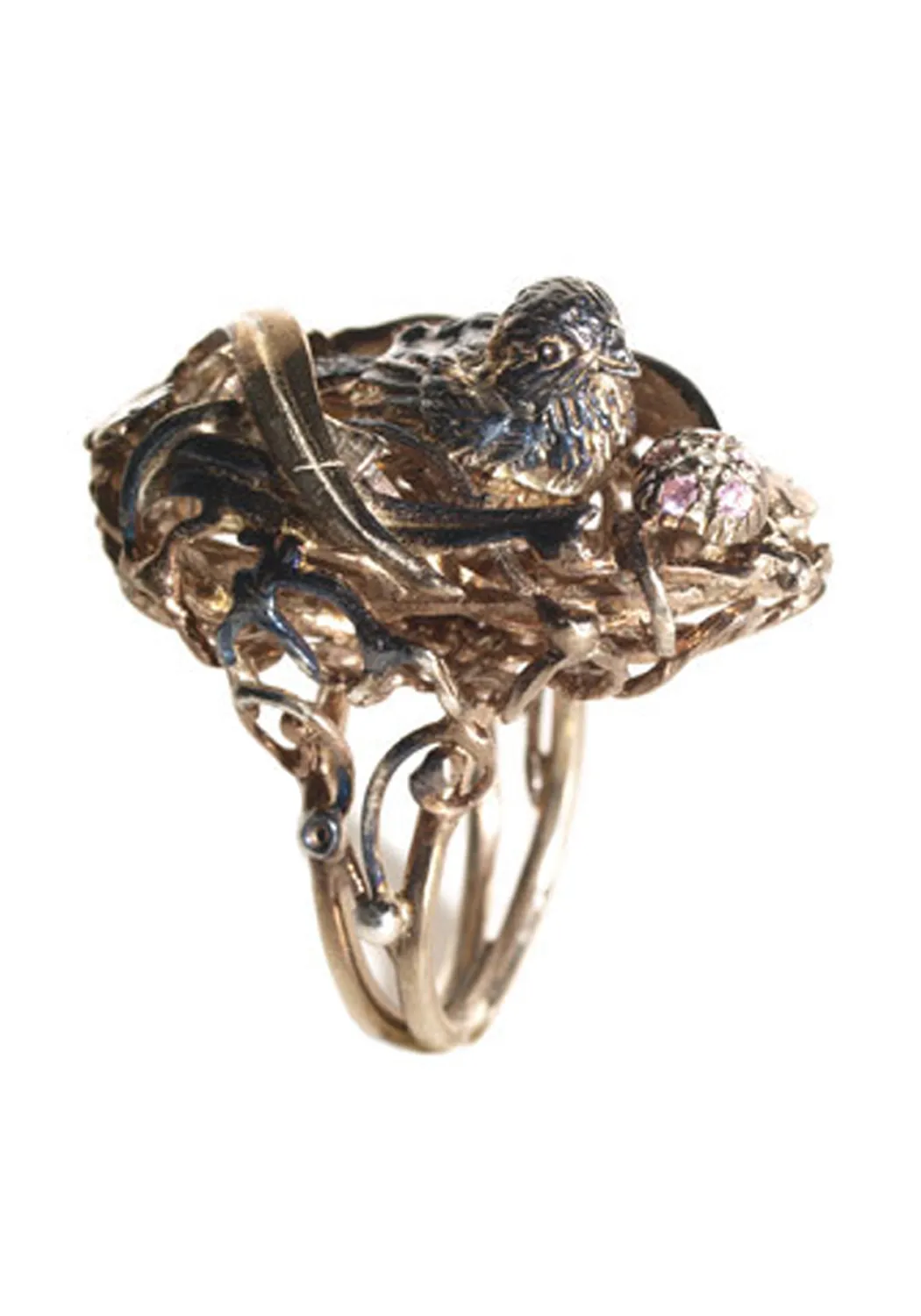 Vernissage Burnished Silver Pink Sapphire Egg Happy Bird Nest Ring