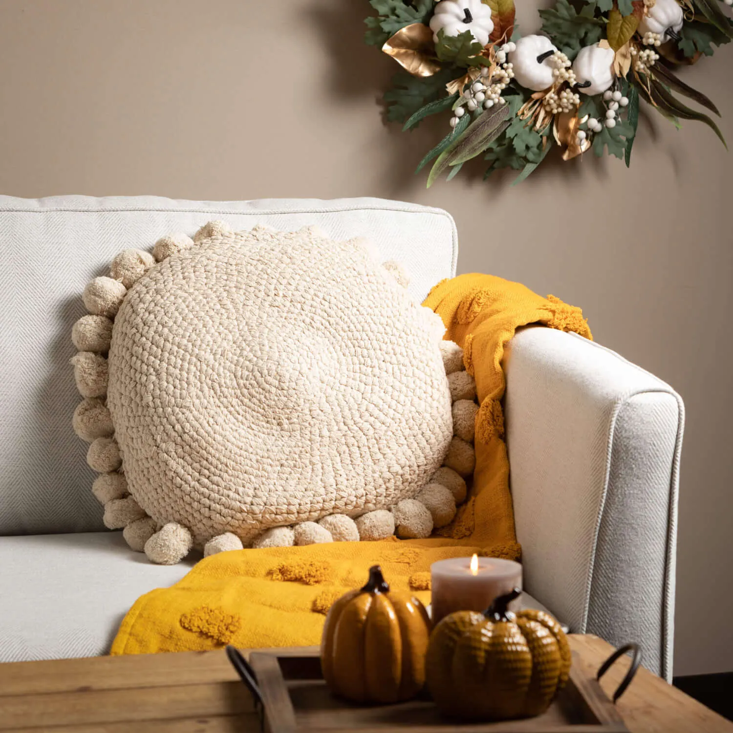 White Pumpkin & Leaf Wreath